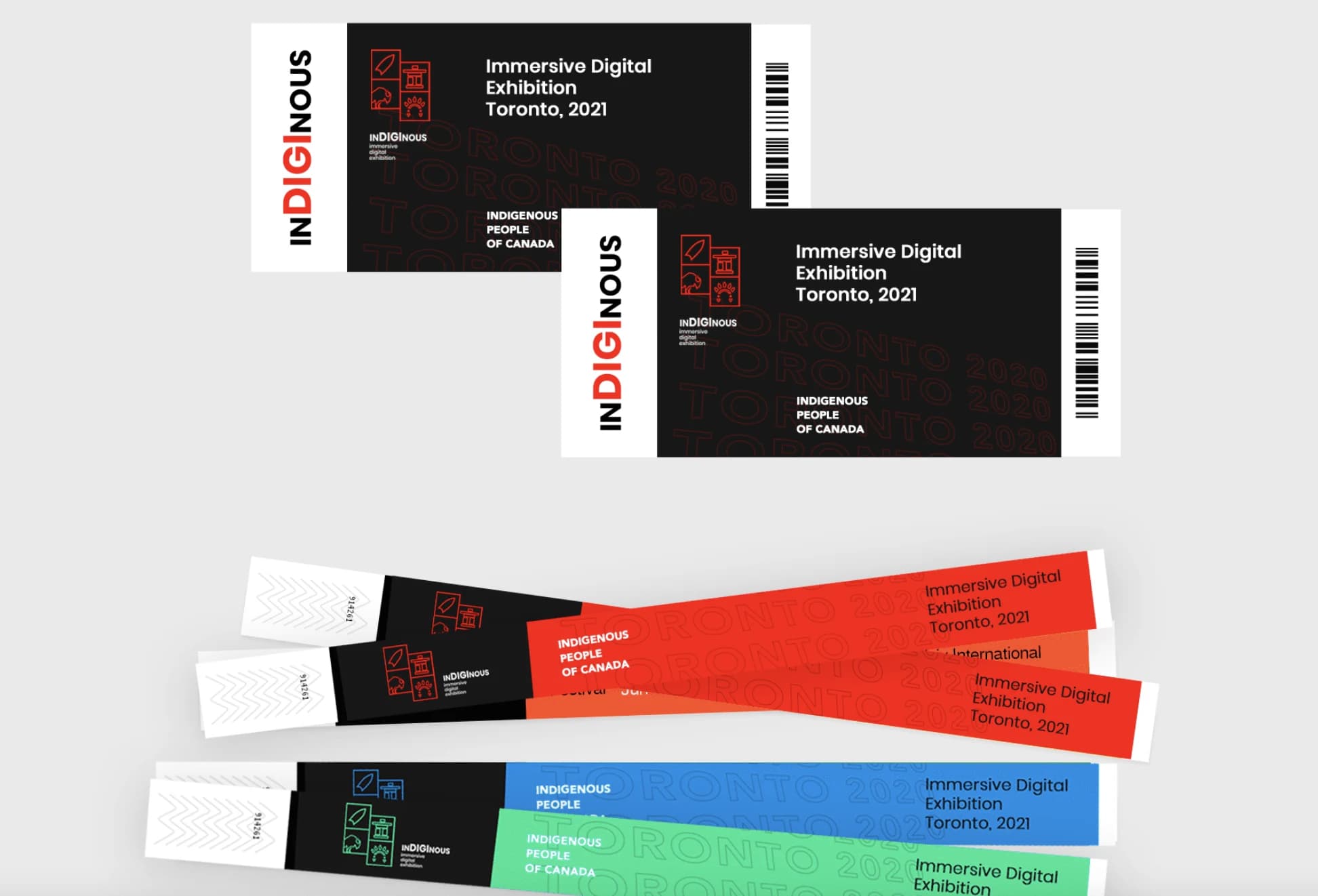InDIGInous exhibition tickets and colour-coded visitor wristbands
