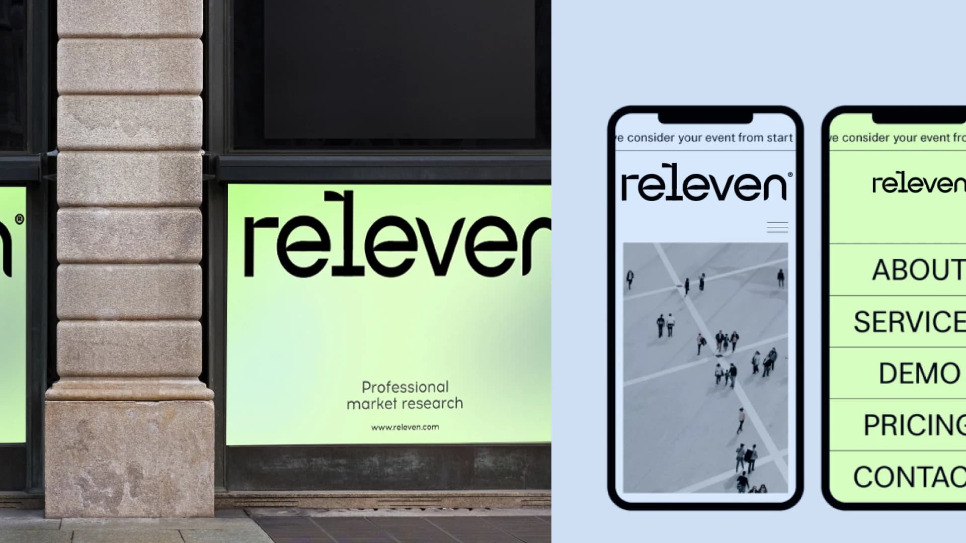 Releven identity system applied across storefront signage and mobile web — one brand system on multiple real touchpoints