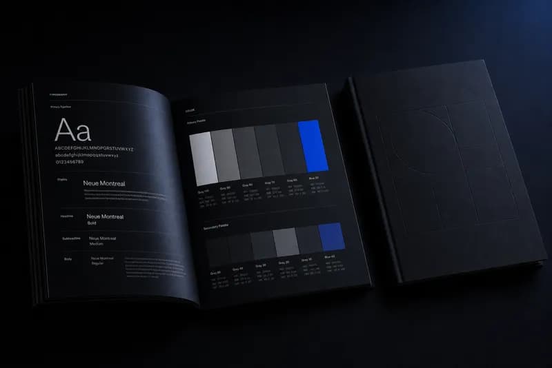 Open premium brand book spread with typography scale and color system — concept example