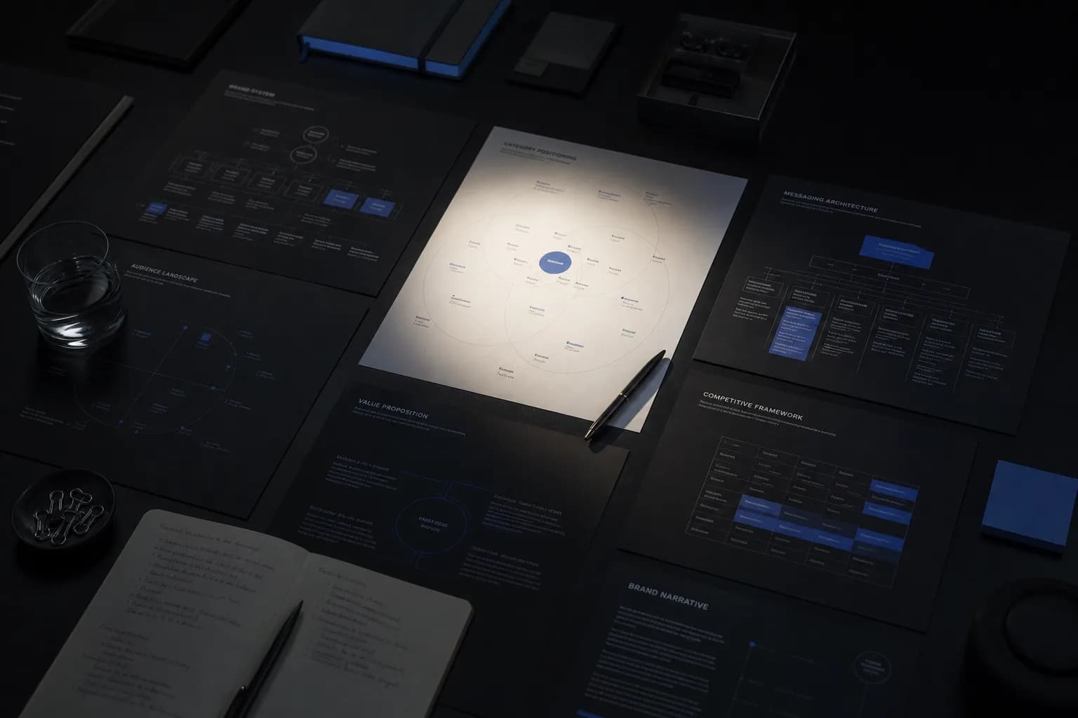 Strategy documents and positioning maps arranged on a dark table — brand strategy concept example